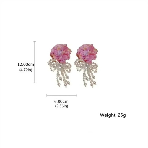 White Large Flower Decor Faux Pearl Tassel Earrings - Picture 4 of 4